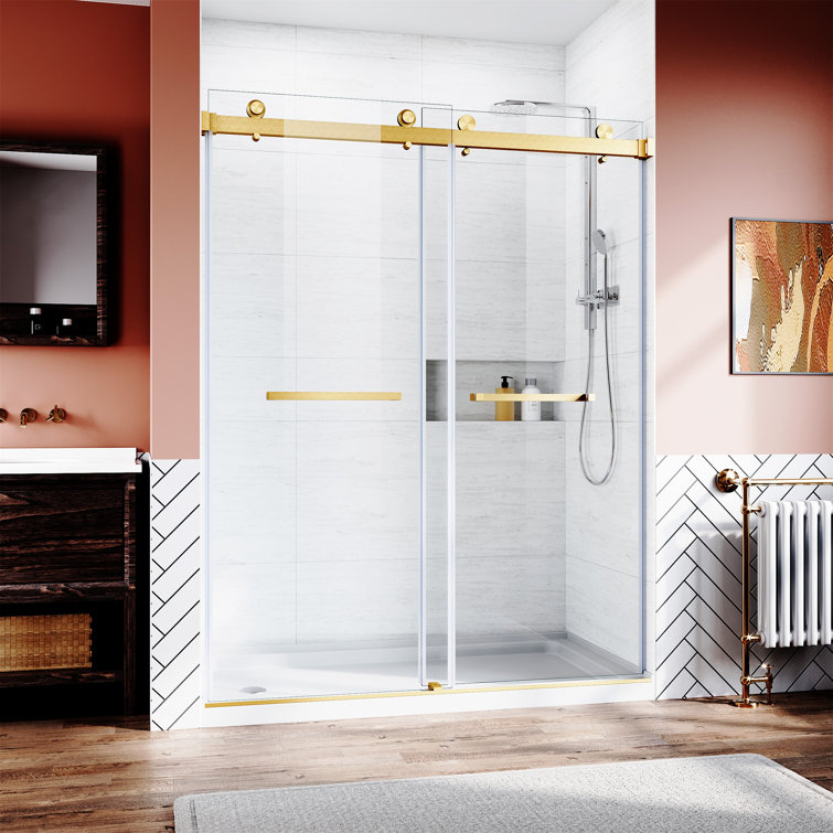 Frameless Sliding Shower Door with Clear Tempered Glass and Brushed Gold Hardware