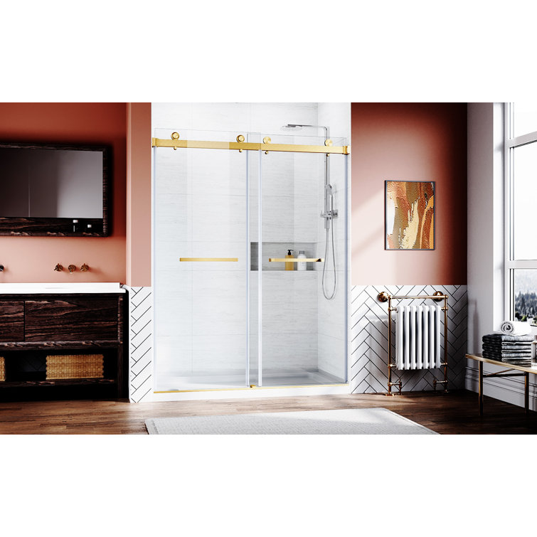 Frameless Sliding Shower Door with Clear Tempered Glass and Brushed Gold Hardware