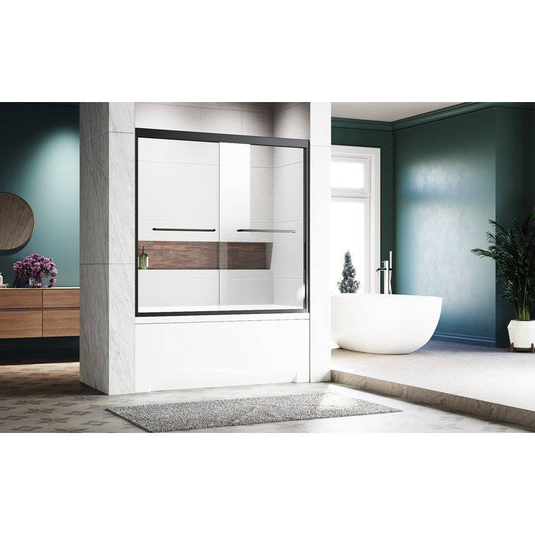 Matte Black Semi-Frameless Sliding Glass Tub Door with Stainless Steel Handles