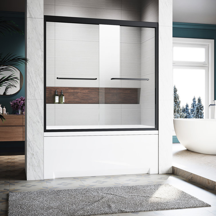 Matte Black Semi-Frameless Sliding Glass Tub Door with Stainless Steel Handles