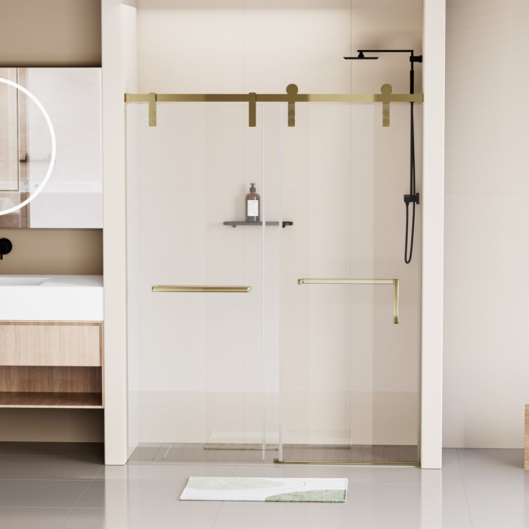 60" Gold Frameless Single Sliding Shower Door with Clear Tempered Glass