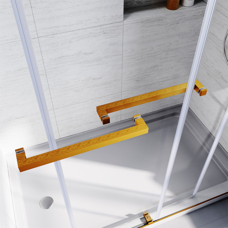 Frameless Sliding Shower Door with Clear Tempered Glass and Brushed Gold Hardware