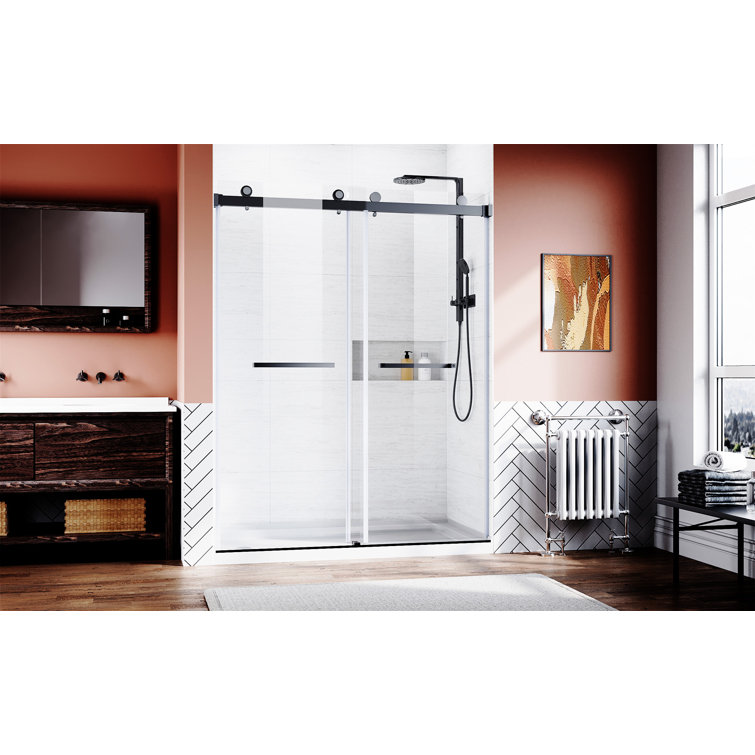 Matte Black Frameless Sliding Shower Door with Clear Tempered Glass