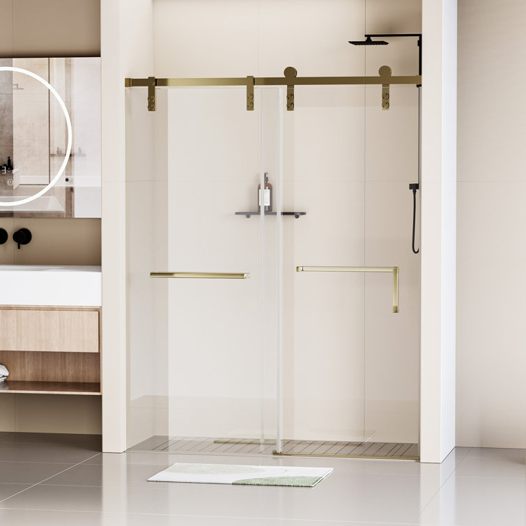 60" Gold Frameless Single Sliding Shower Door with Clear Tempered Glass