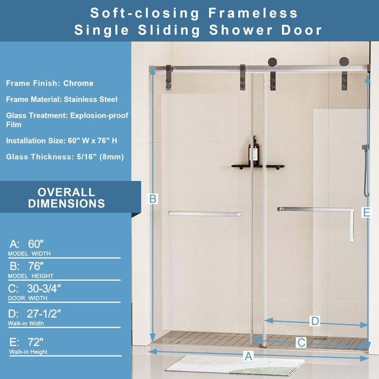 60" x 76" Frameless Matte Black Sliding Shower Door with Clear Tempered Glass