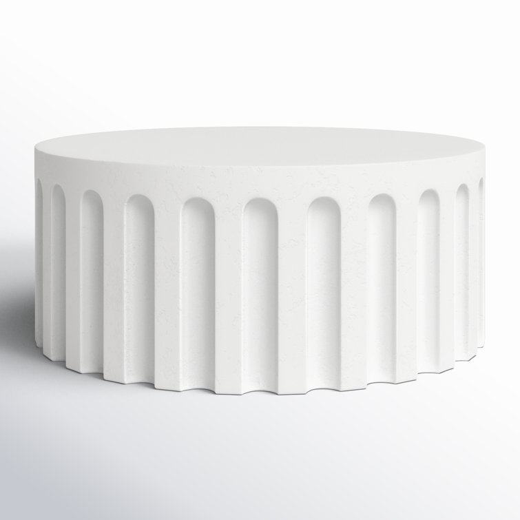 White Round Concrete Outdoor Coffee Table with Fluted Design