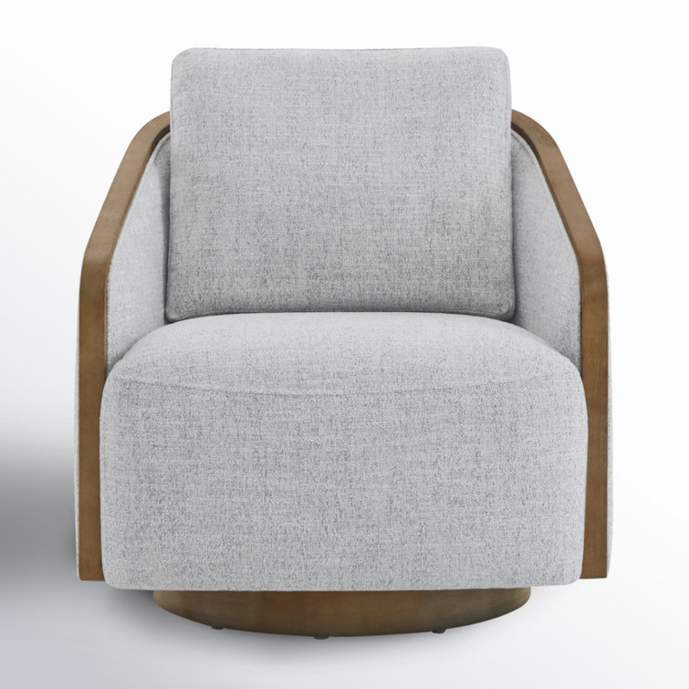 Gray Heathered Tweed Swivel Barrel Chair with Wood Frame