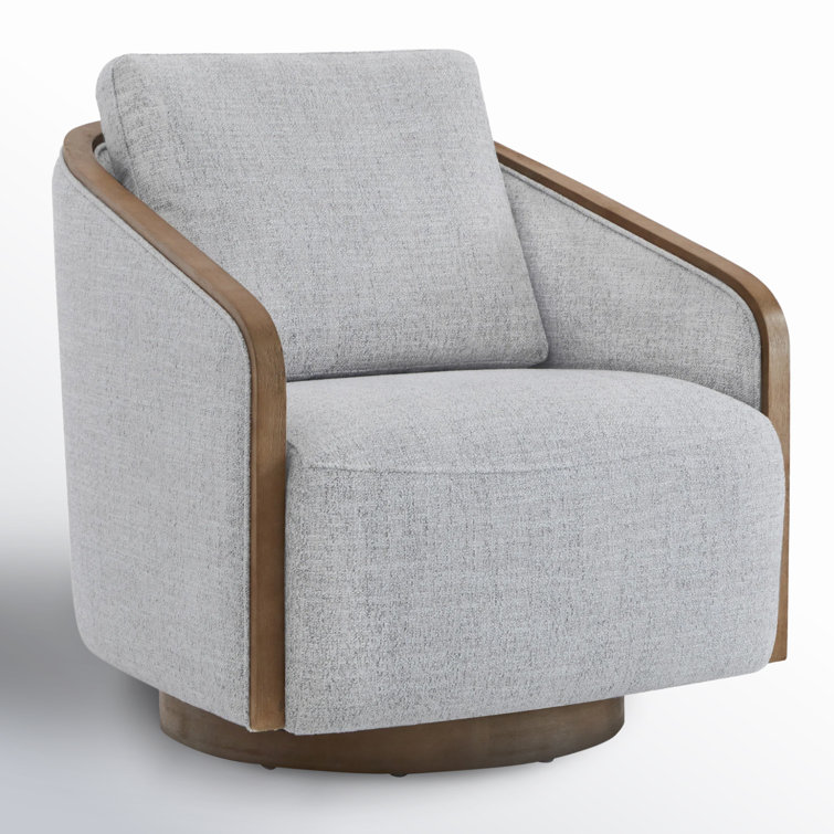 Gray Heathered Tweed Swivel Barrel Chair with Wood Frame