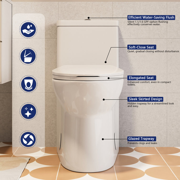 White Ceramic Dual Flush Elongated One-Piece Toilet