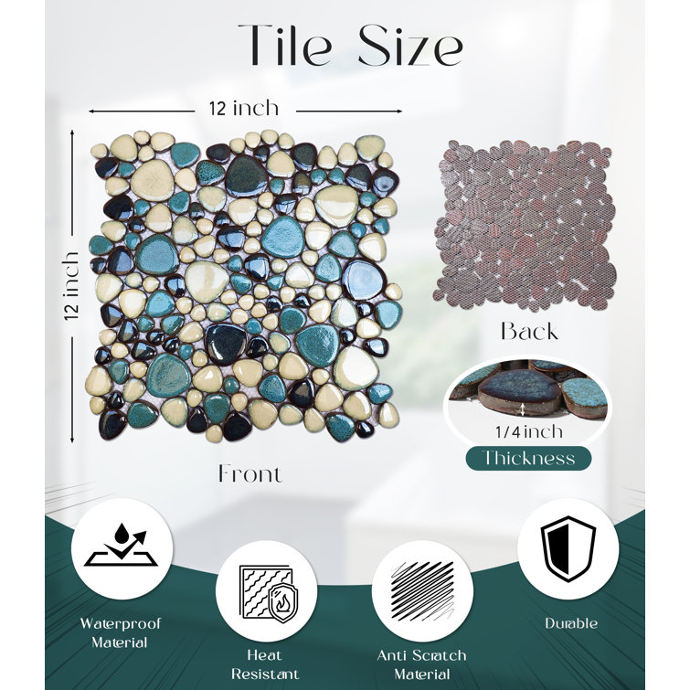 Teal and Ivory Porcelain Pebble Mosaic Tile Sheets