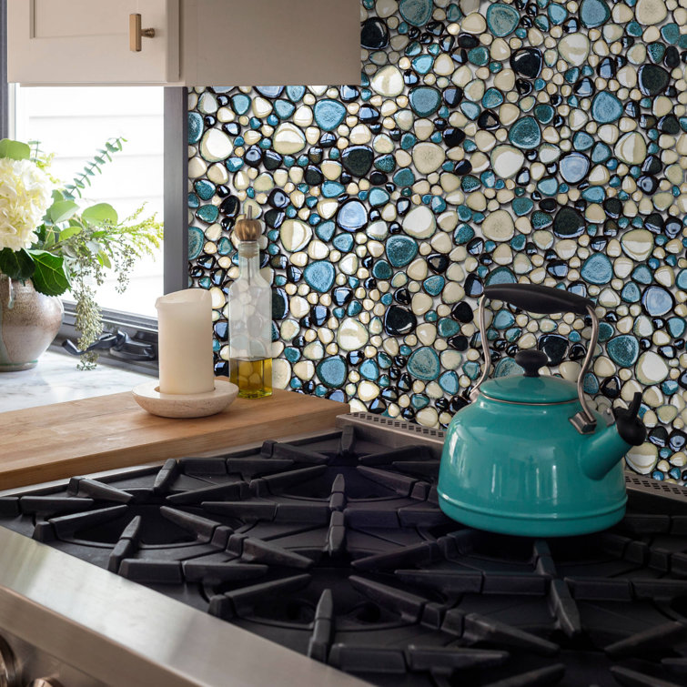 Teal and Ivory Porcelain Pebble Mosaic Tile Sheets
