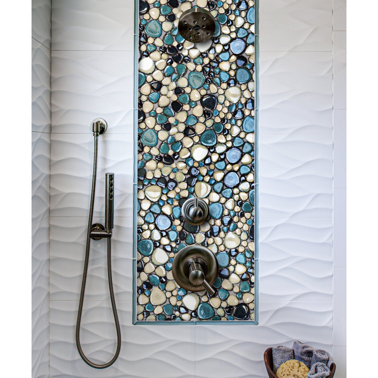 Teal and Ivory Porcelain Pebble Mosaic Tile Sheets