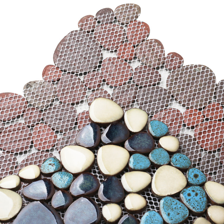 Teal and Ivory Porcelain Pebble Mosaic Tile Sheets