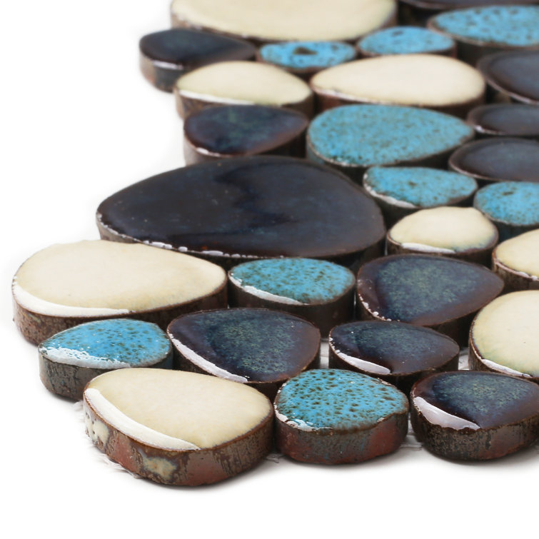 Teal and Ivory Porcelain Pebble Mosaic Tile Sheets