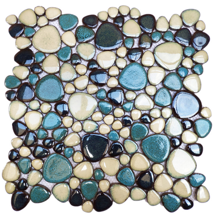 Teal and Ivory Porcelain Pebble Mosaic Tile Sheets