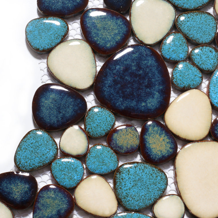 Teal and Ivory Porcelain Pebble Mosaic Tile Sheets