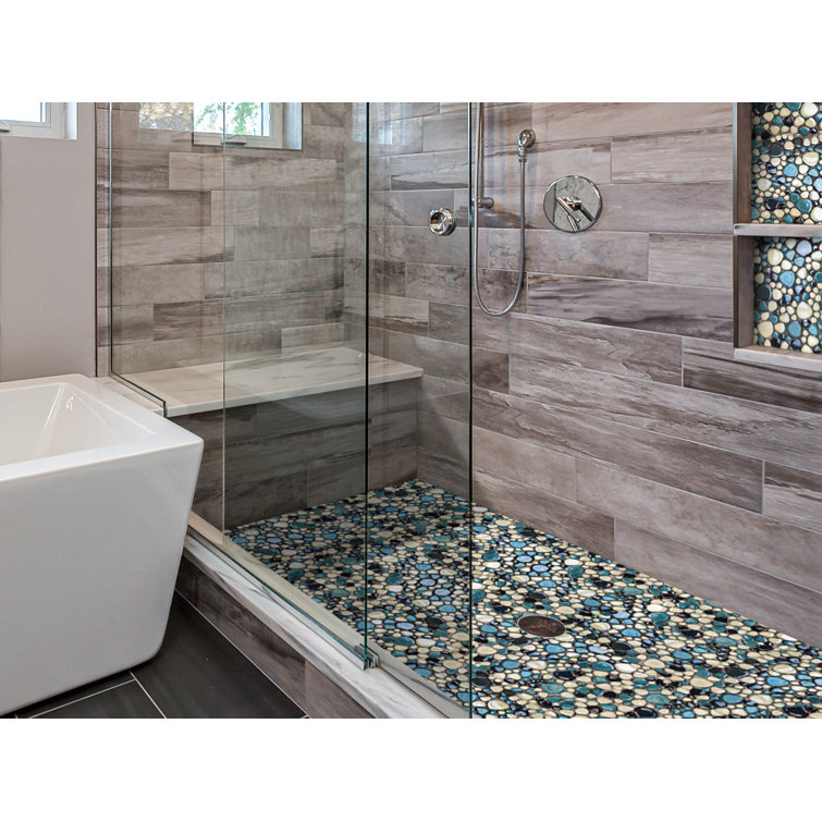 Teal and Ivory Porcelain Pebble Mosaic Tile Sheets