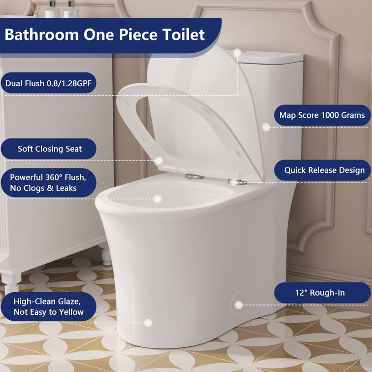 White Ceramic Elongated Dual Flush One-Piece Toilet