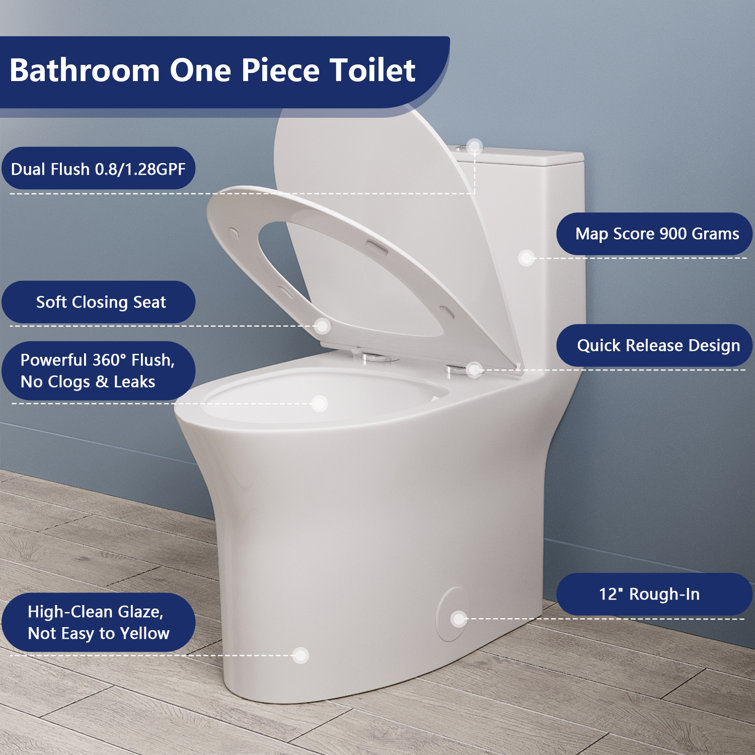 White Ceramic Elongated Dual Flush One-Piece Toilet