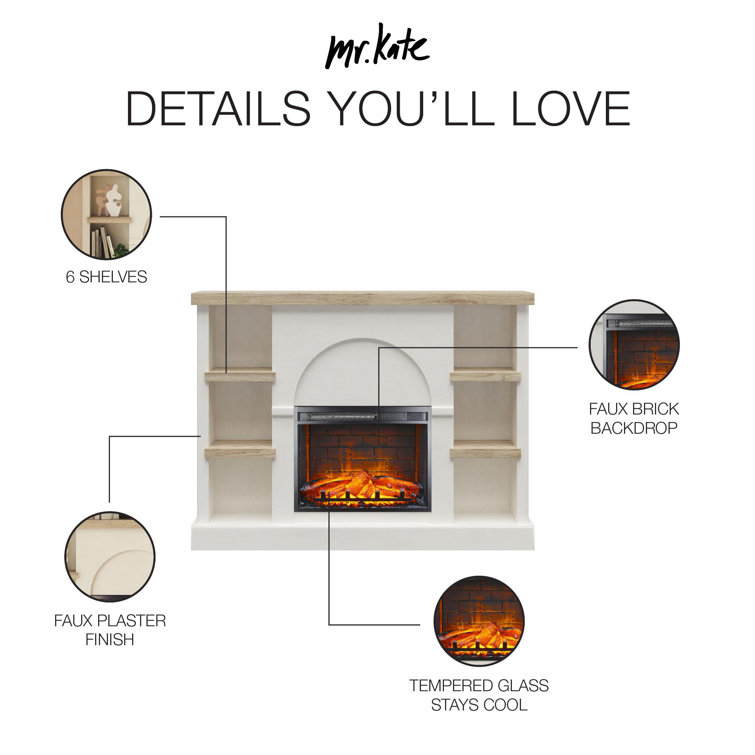 Plaster and Light Walnut Electric Fireplace Mantel with Built-in Bookshelves