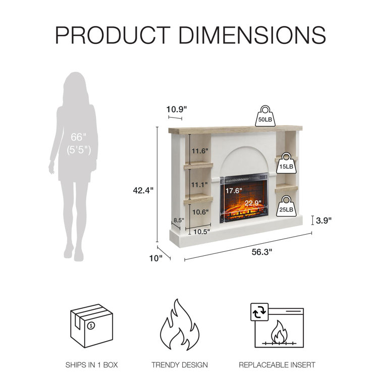 Plaster and Light Walnut Electric Fireplace Mantel with Built-in Bookshelves