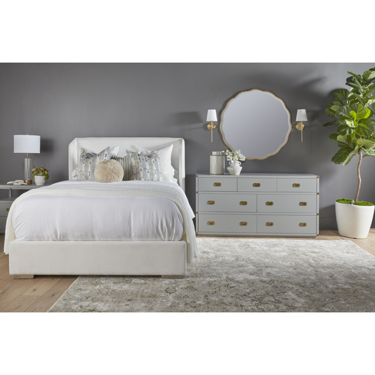 California King White Upholstered Wingback Bed with Oak Frame