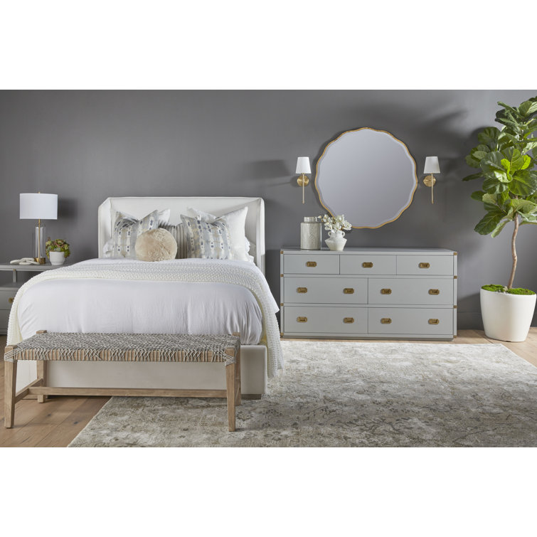 California King White Upholstered Wingback Bed with Oak Frame
