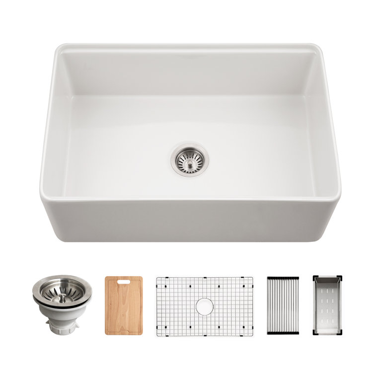 Aspire 30" White Fireclay Farmhouse Workstation Sink with Accessories