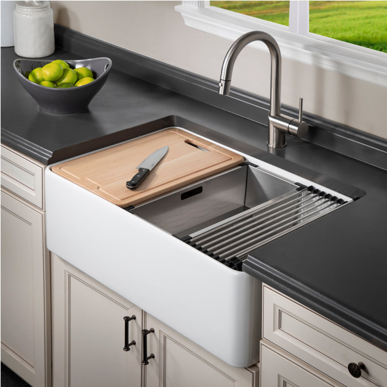 Aspire 30" White Fireclay Farmhouse Workstation Sink with Accessories