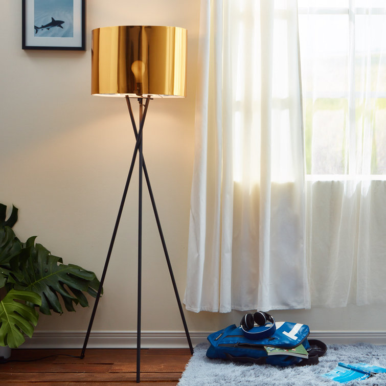 Elegant Outdoor Black Tripod Floor Lamp with Gold Shade