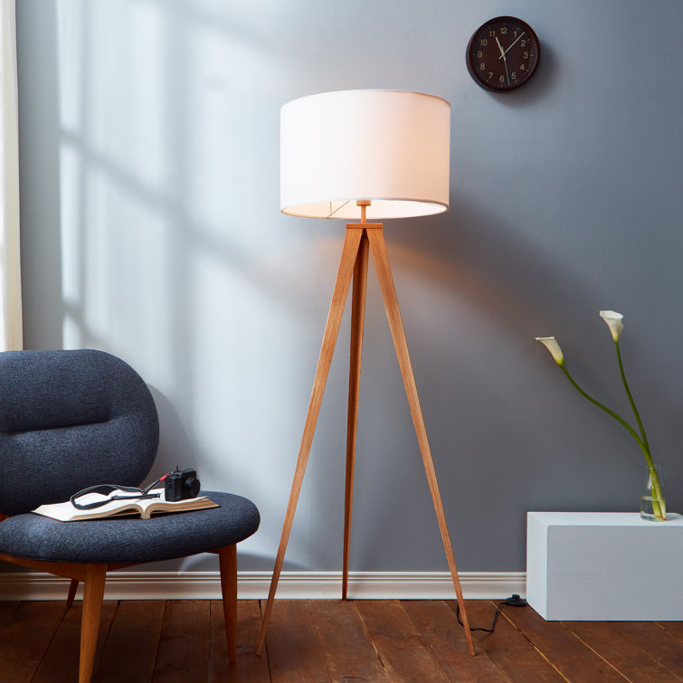 Natural Wood Tripod Floor Lamp with White Drum Shade