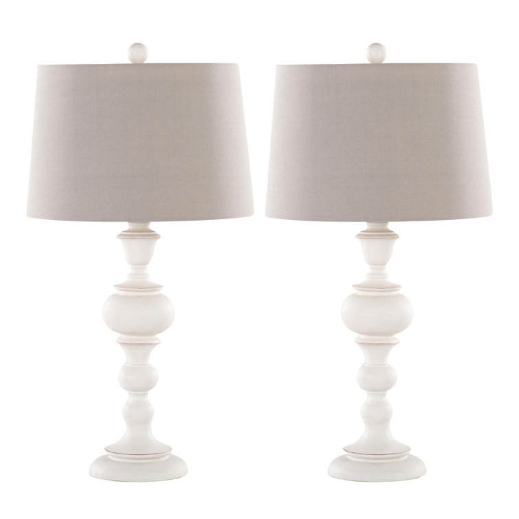 30" Distressed Off-White Polyresin Table Lamps with Gray Linen Shades, Set of 2