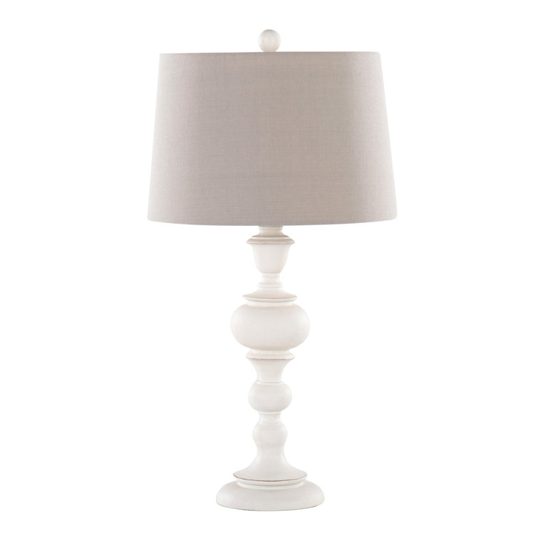 30" Distressed Off-White Polyresin Table Lamps with Gray Linen Shades, Set of 2