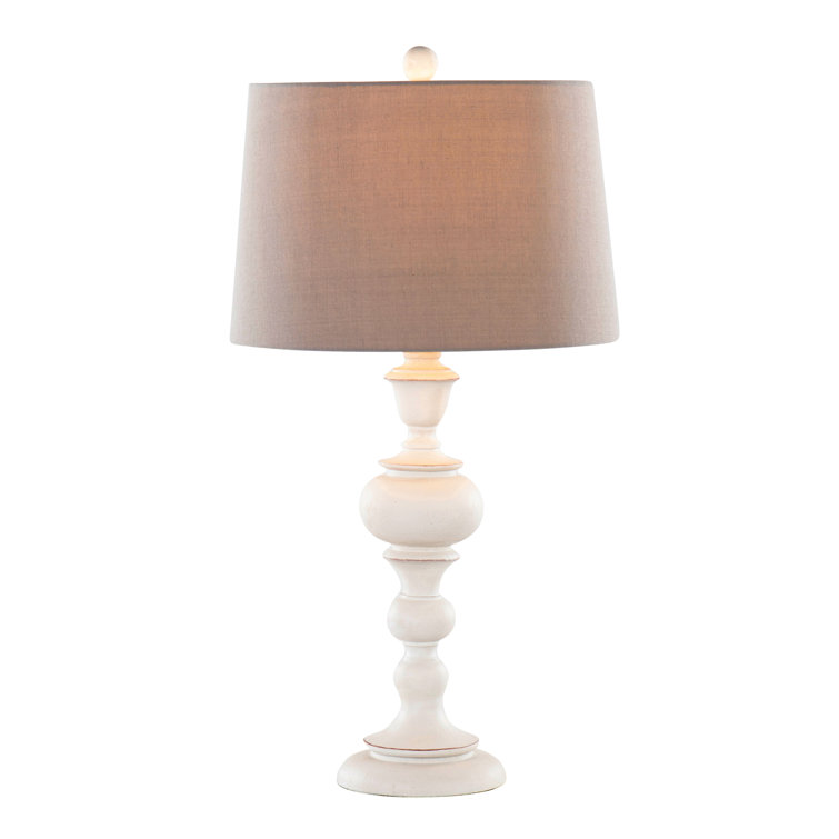 30" Distressed Off-White Polyresin Table Lamps with Gray Linen Shades, Set of 2