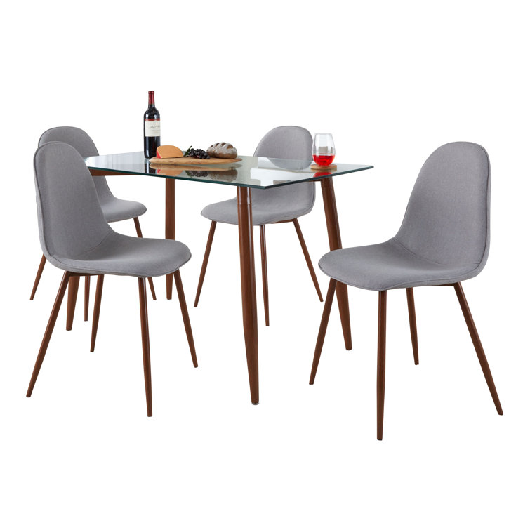 Mid-Century Modern 5-Piece Glass Top Dining Set with Gray Chairs
