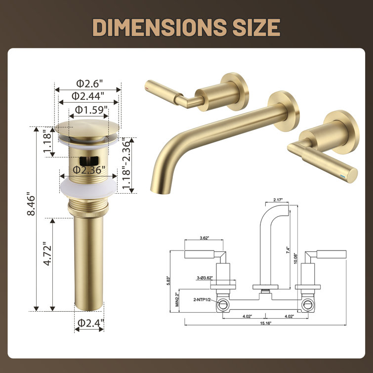 Brushed Gold 10.08" Wall Mounted Solid Brass 2-Handle Bathroom Sink Faucet