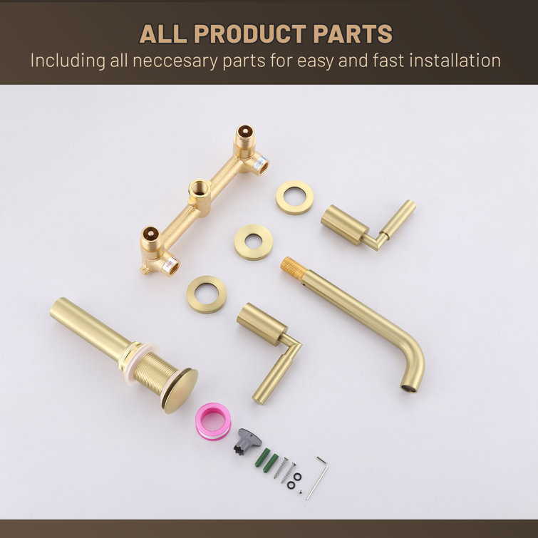 Brushed Gold 10.08" Wall Mounted Solid Brass 2-Handle Bathroom Sink Faucet