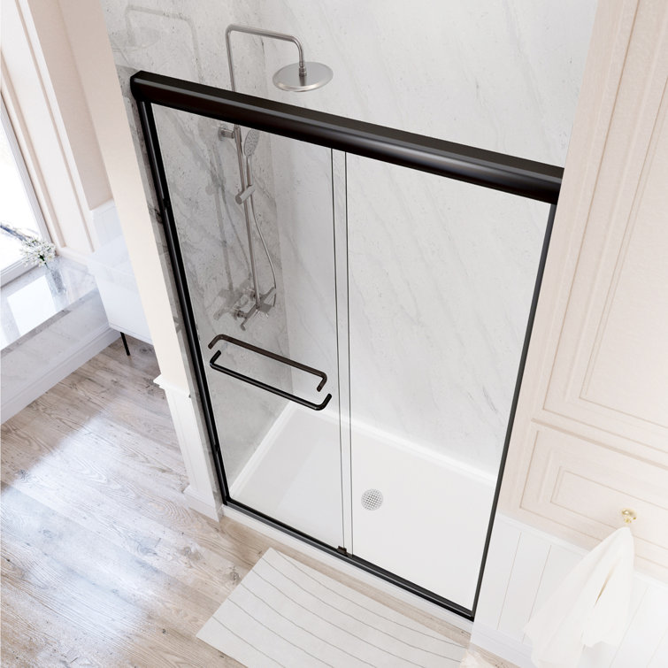Black Semi-Frameless Double Sliding Shower Door with Towel Bars