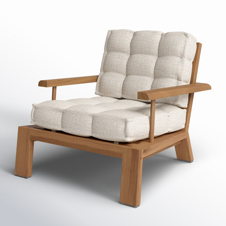 Natural Teak and Cream Tufted Cushion Lounge Chair