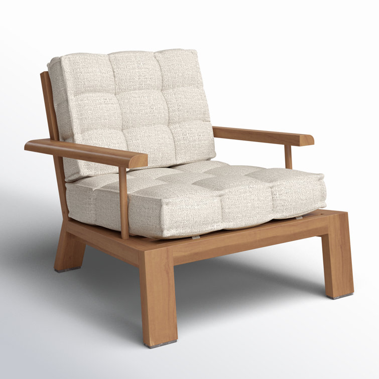Natural Teak and Cream Tufted Cushion Lounge Chair