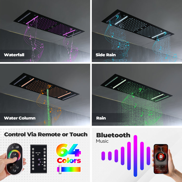 Matte Black Stainless Steel LED Bluetooth Music Rainfall Shower System