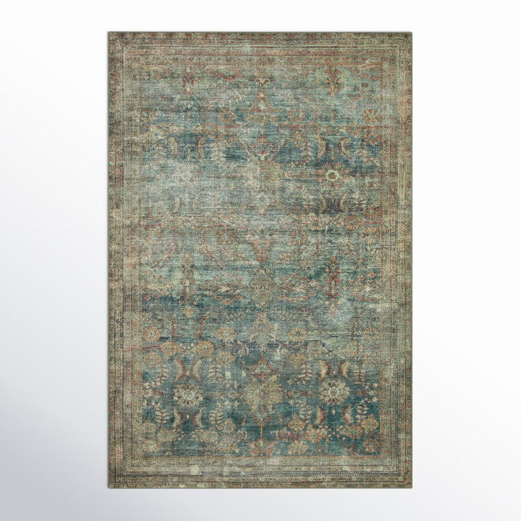 Ocean Blue Rectangular Washable Synthetic Area Rug 5' x 7'