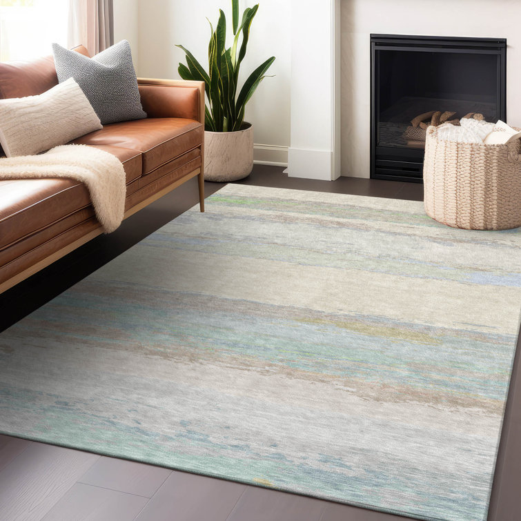 Ivory and Multicolor Synthetic Washable Striped 3' x 5' Rug