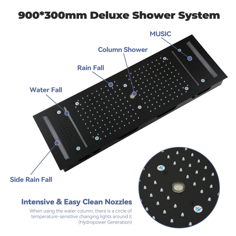 Matte Black Stainless Steel LED Bluetooth Music Rainfall Shower System