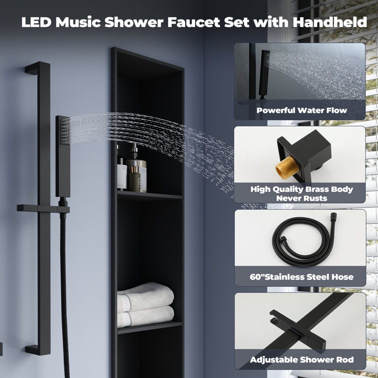 Matte Black Stainless Steel LED Bluetooth Music Rainfall Shower System