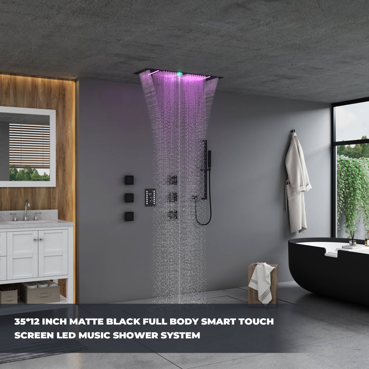 Matte Black Stainless Steel LED Bluetooth Music Rainfall Shower System