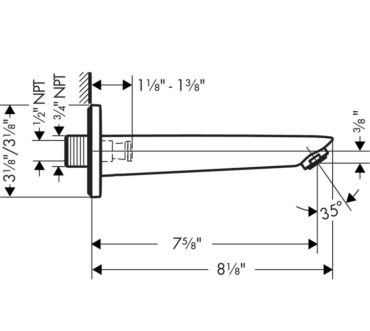 Chrome Wall Mounted Modern Tub Spout with Brushed Nickel Finish