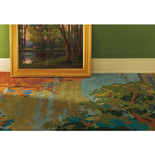 Handmade Blue and Green Wool Landscape Area Rug 5' x 8'