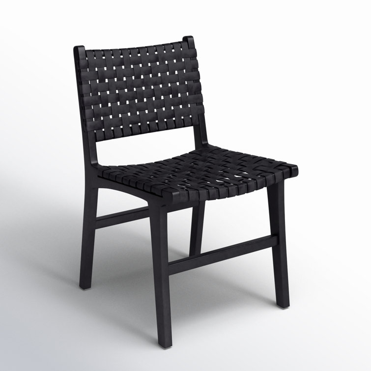 Antique Black Leather Teak Wood Woven Side Chair