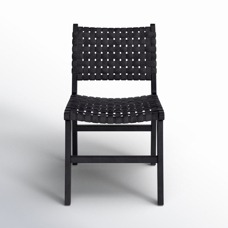 Antique Black Leather Teak Wood Woven Side Chair